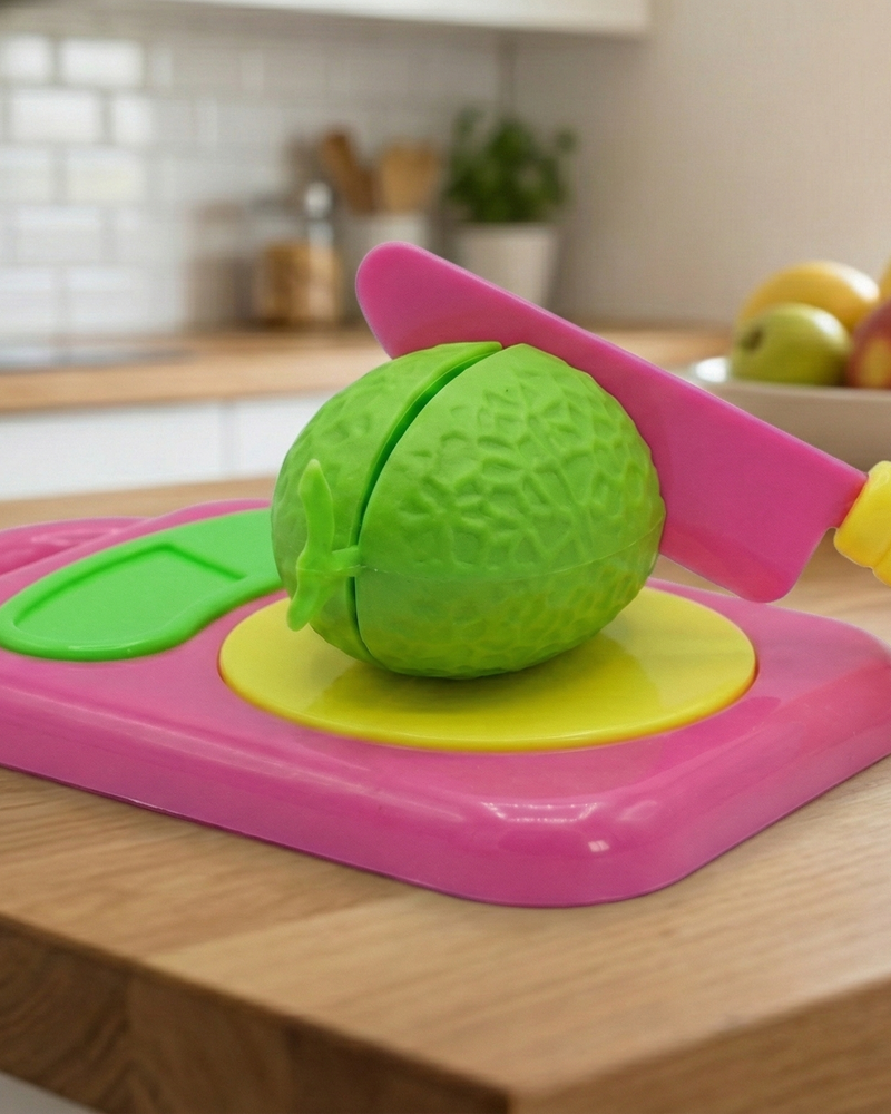 Realistic Plastic Fruit & Vegetable Cutting Play Toy Set with Basket