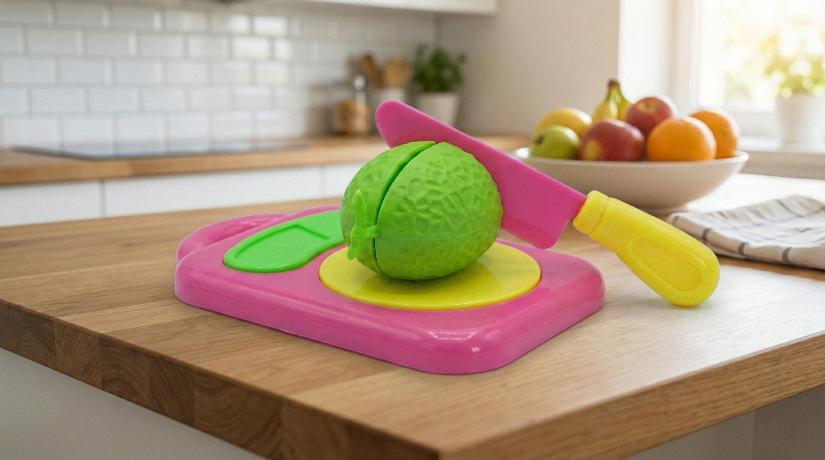 Realistic Plastic Fruit & Vegetable Cutting Play Toy Set with Basket